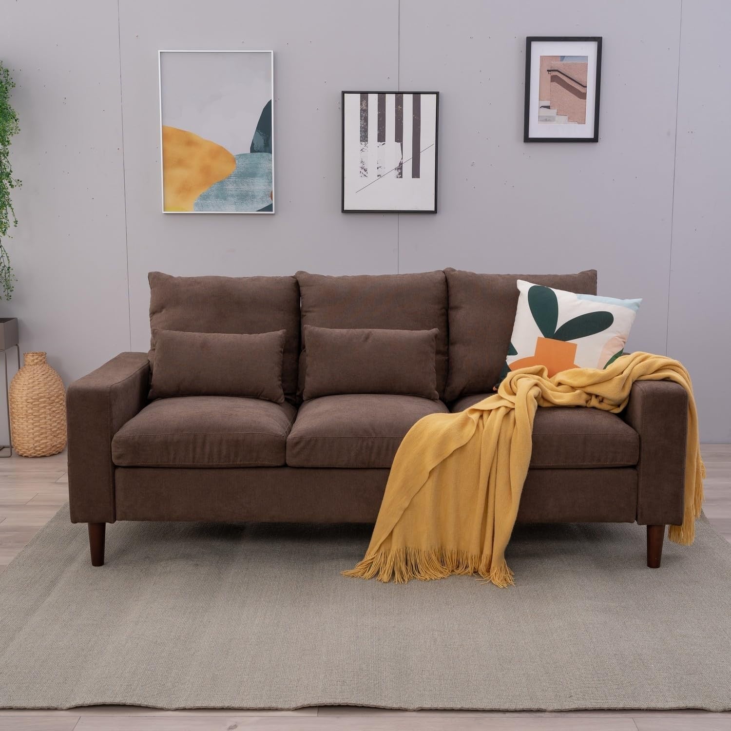 3 Seater Sofa Brown Linen Upholstered Couch Modern Compact Soft Seat with Cushio