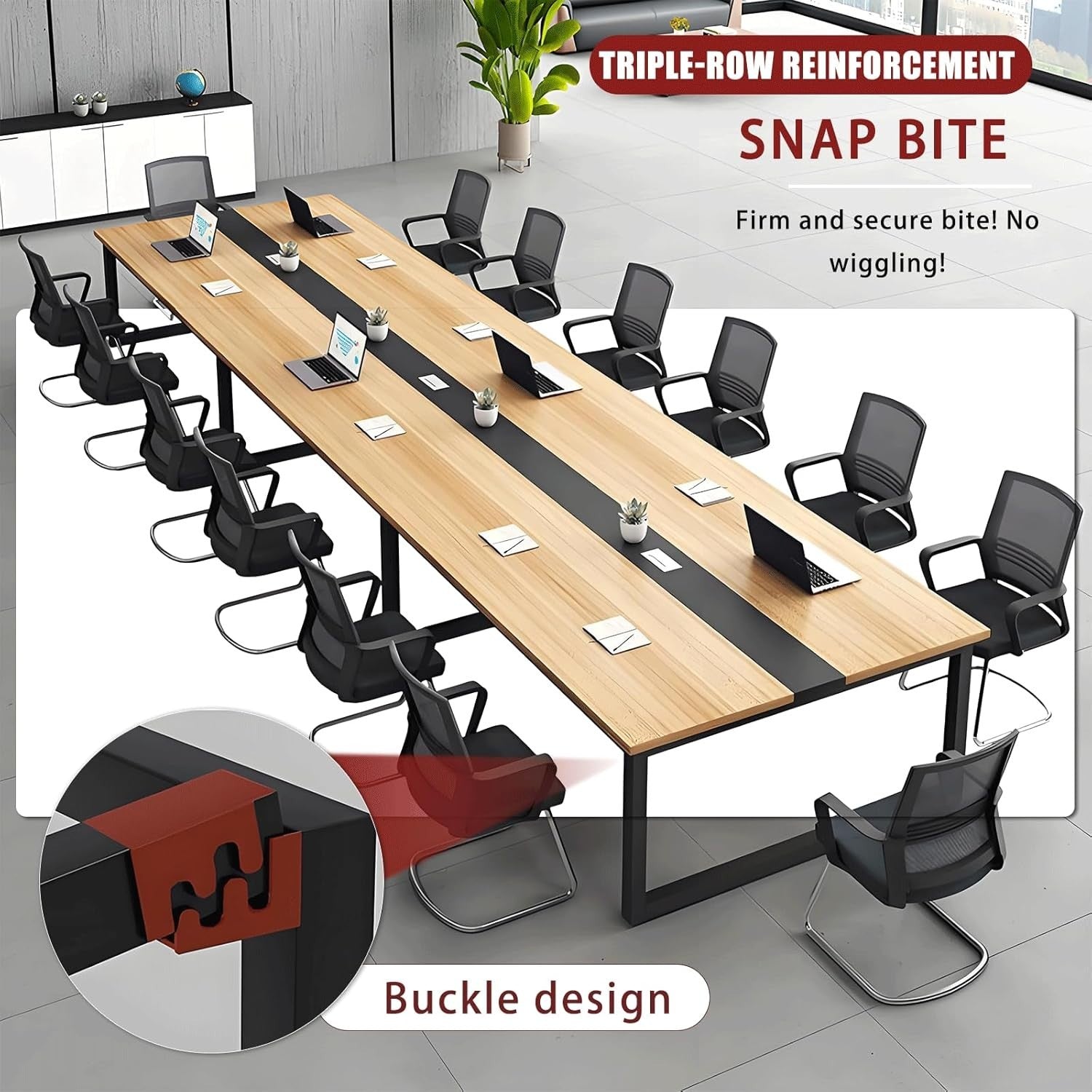 180x60cm Dark Walnut/Black Office Meeting Table w/ Cable Ports & Adjustable Feet