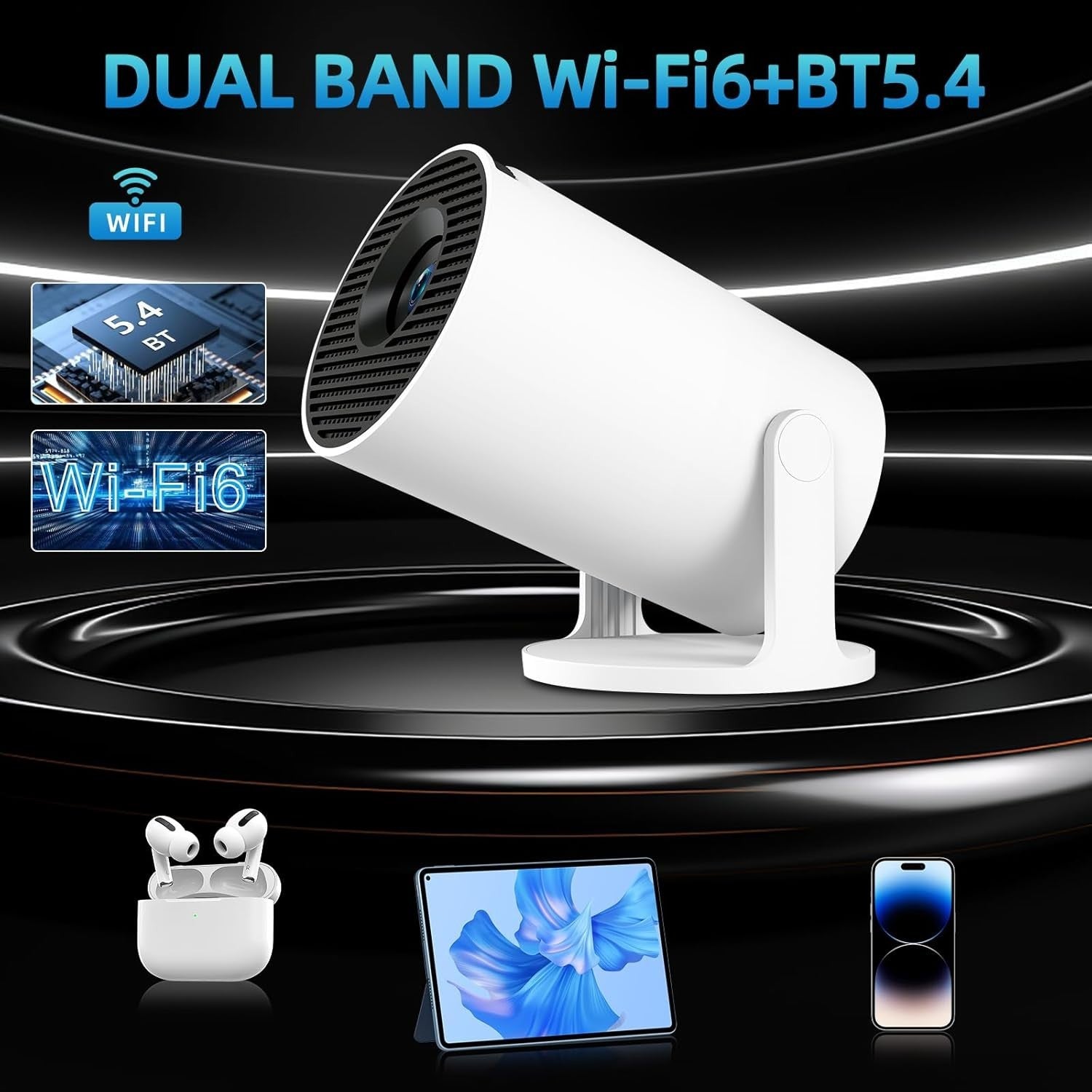 1080P Smart Mini Projector WiFi 6 Bluetooth 180° Auto Keystone 4K