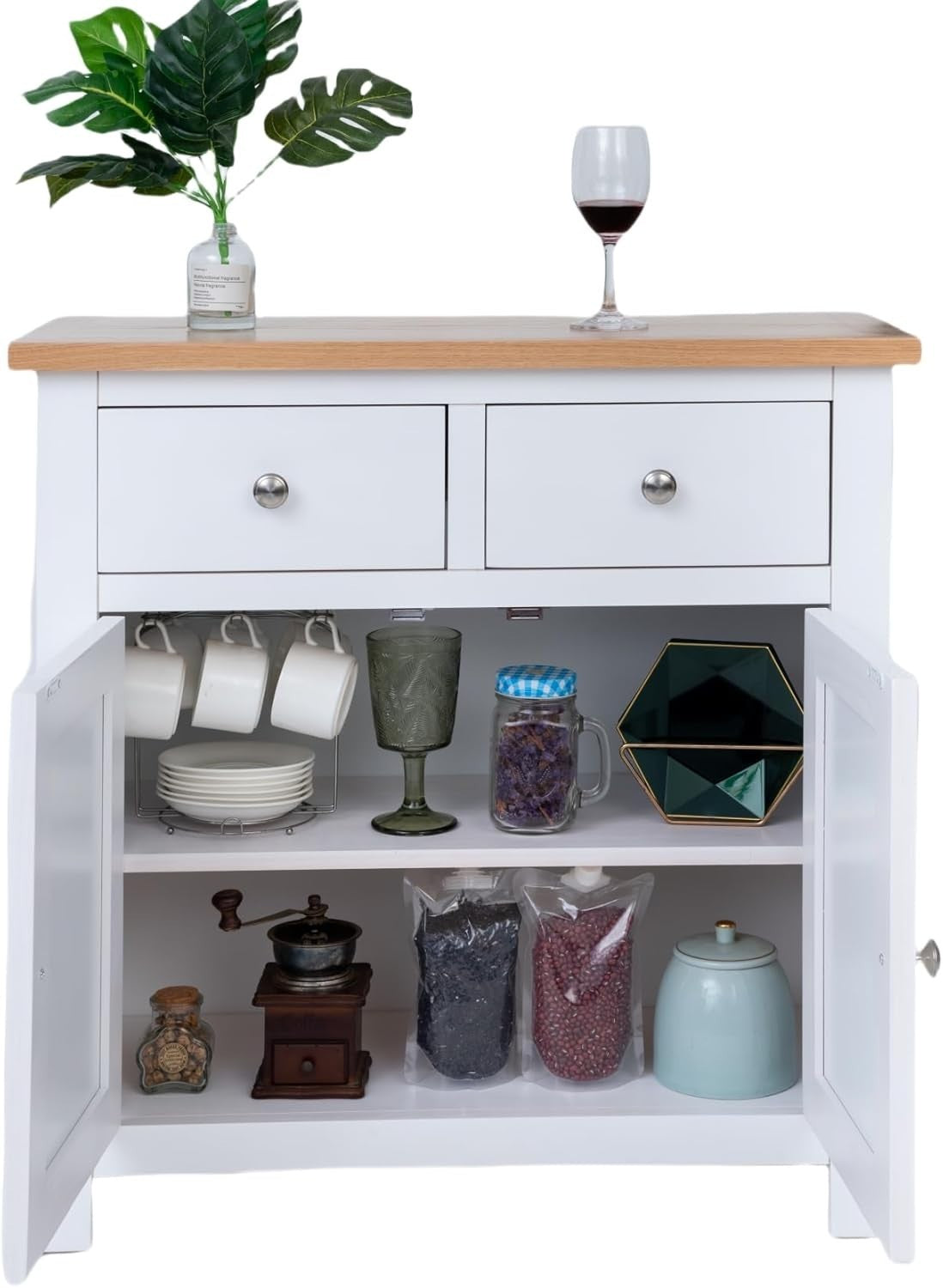 Small Solid  White Oak Sideboard Cabinet 2 Door 2 Drawer Hallway Storage Unit