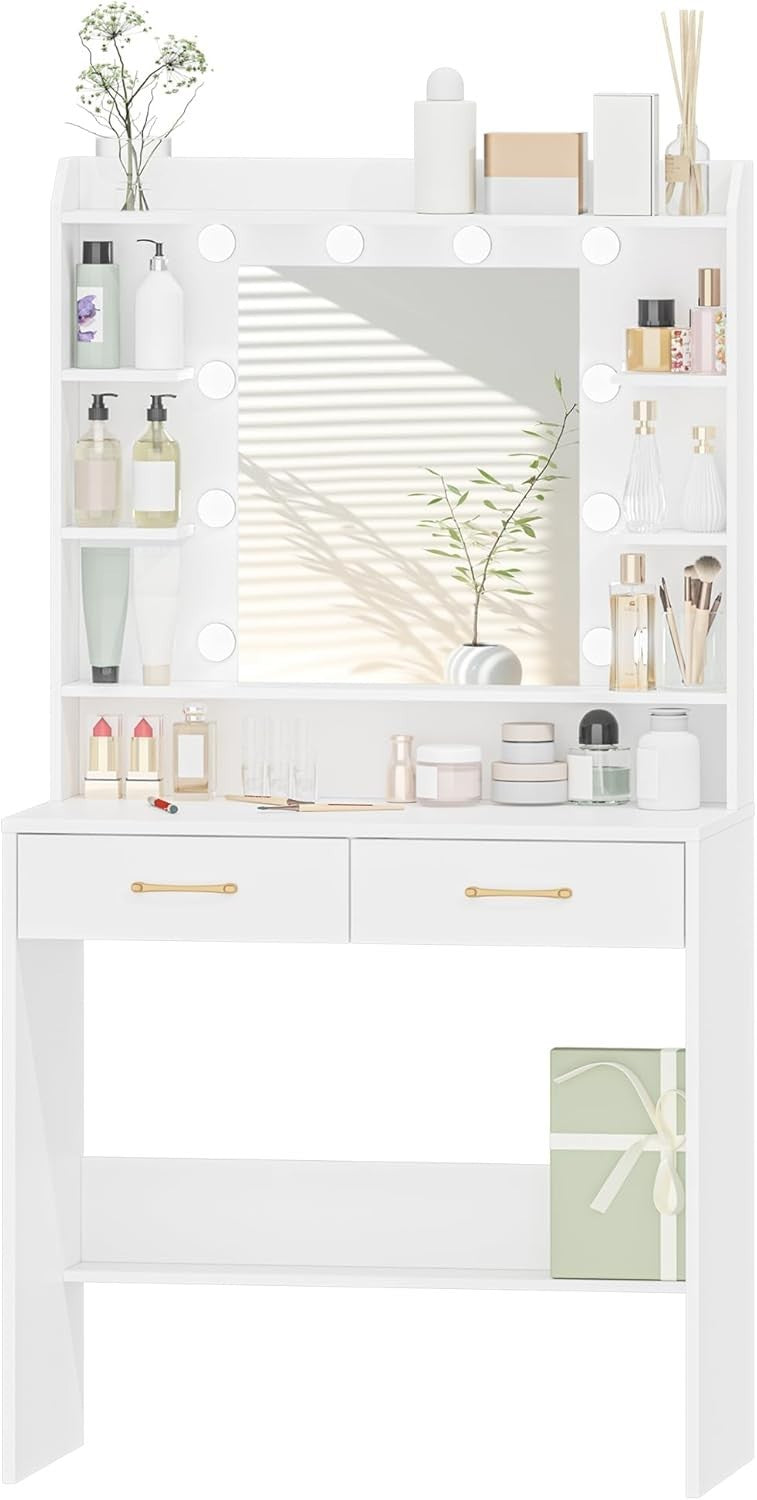 White Dressing Table Makeup Vanity Desk LED Lights Mirror Storage Drawers