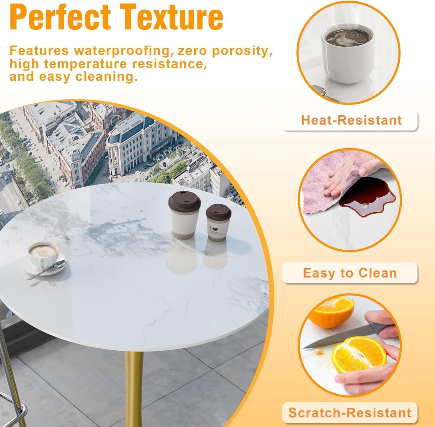 White 76cm Round Tall Bar Table 100cm Sintered Stone Top with Gold Metal Base