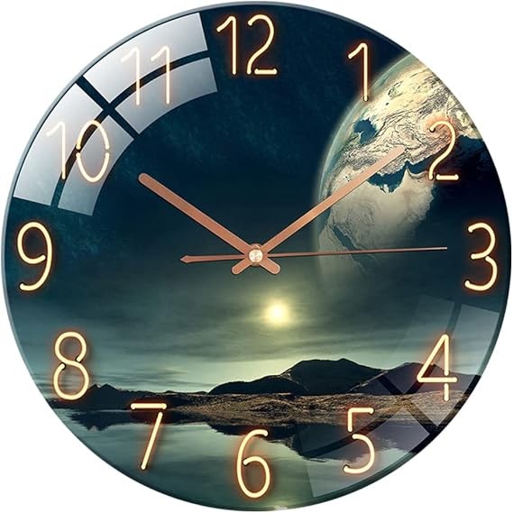 12” Glass Wall Clock Silent Non-Ticking Modern Round Art Design Home Decor