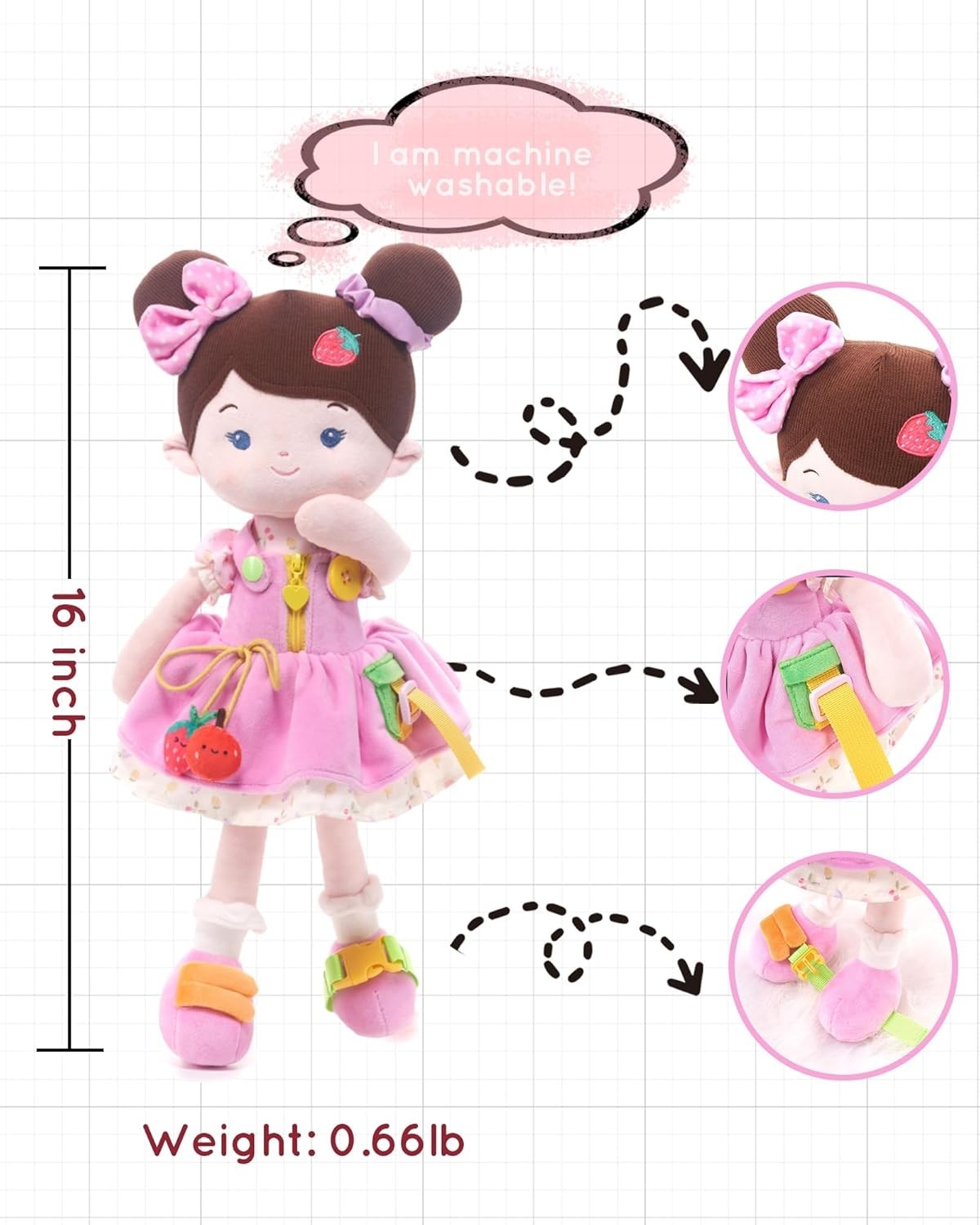 Busy Montessori Plush Doll 16in Sensory Learning Toy with Buttons