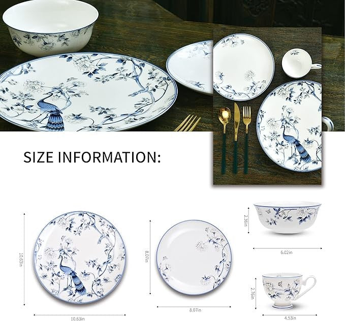 16pc Fine Bone China Dinnerware Set Blue White Plates Bowls Cups Service for 4