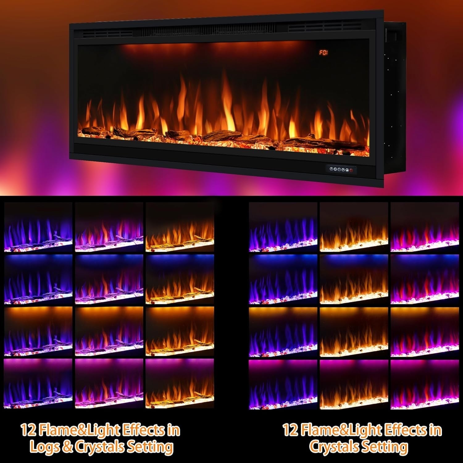 Slim Wall Mounted Electric Fireplace Heater 42" Recessed Remote Control