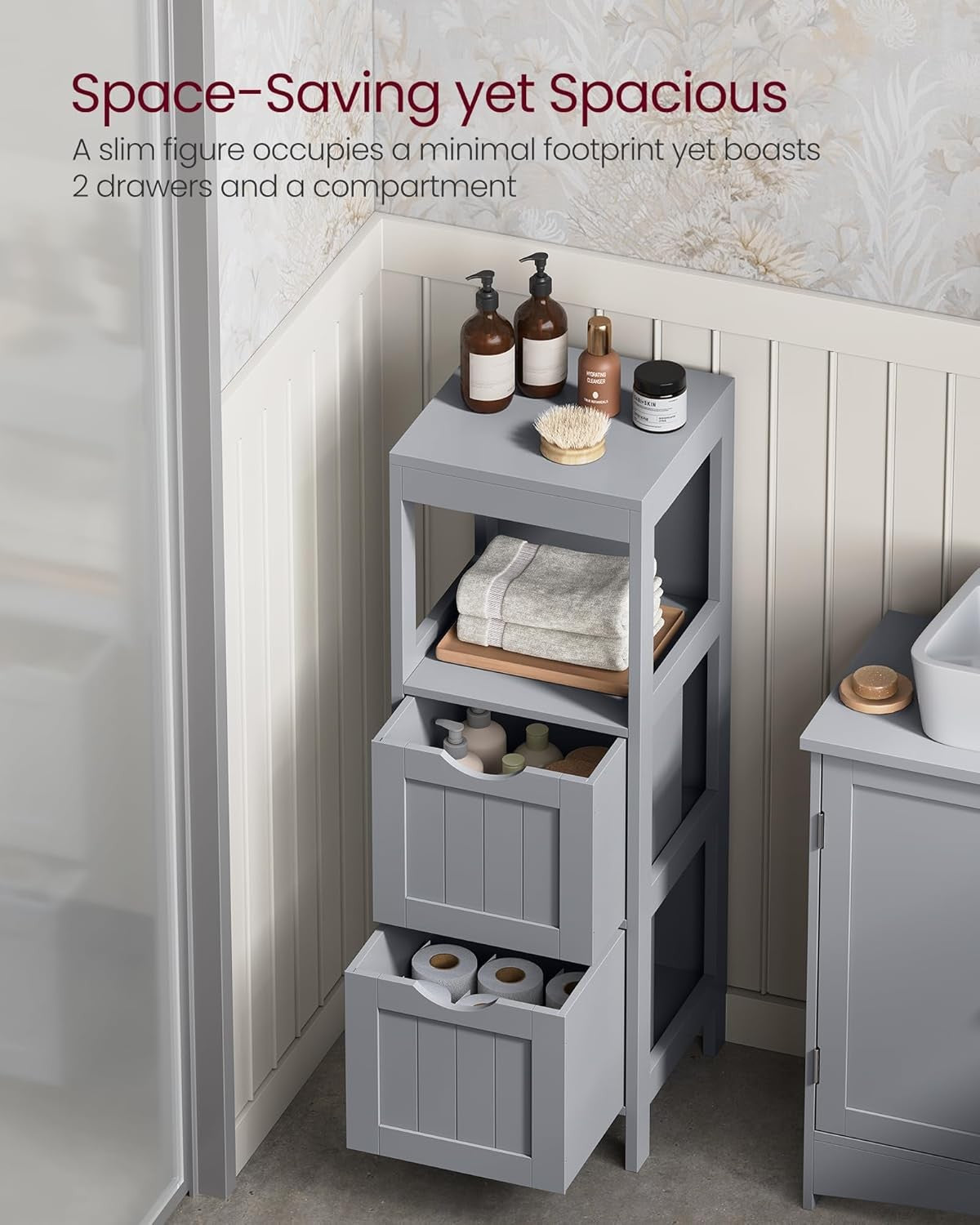 Tall Dove Grey Bathroom Cabinet – 2 Drawers + Open Shelf Freestanding Storage