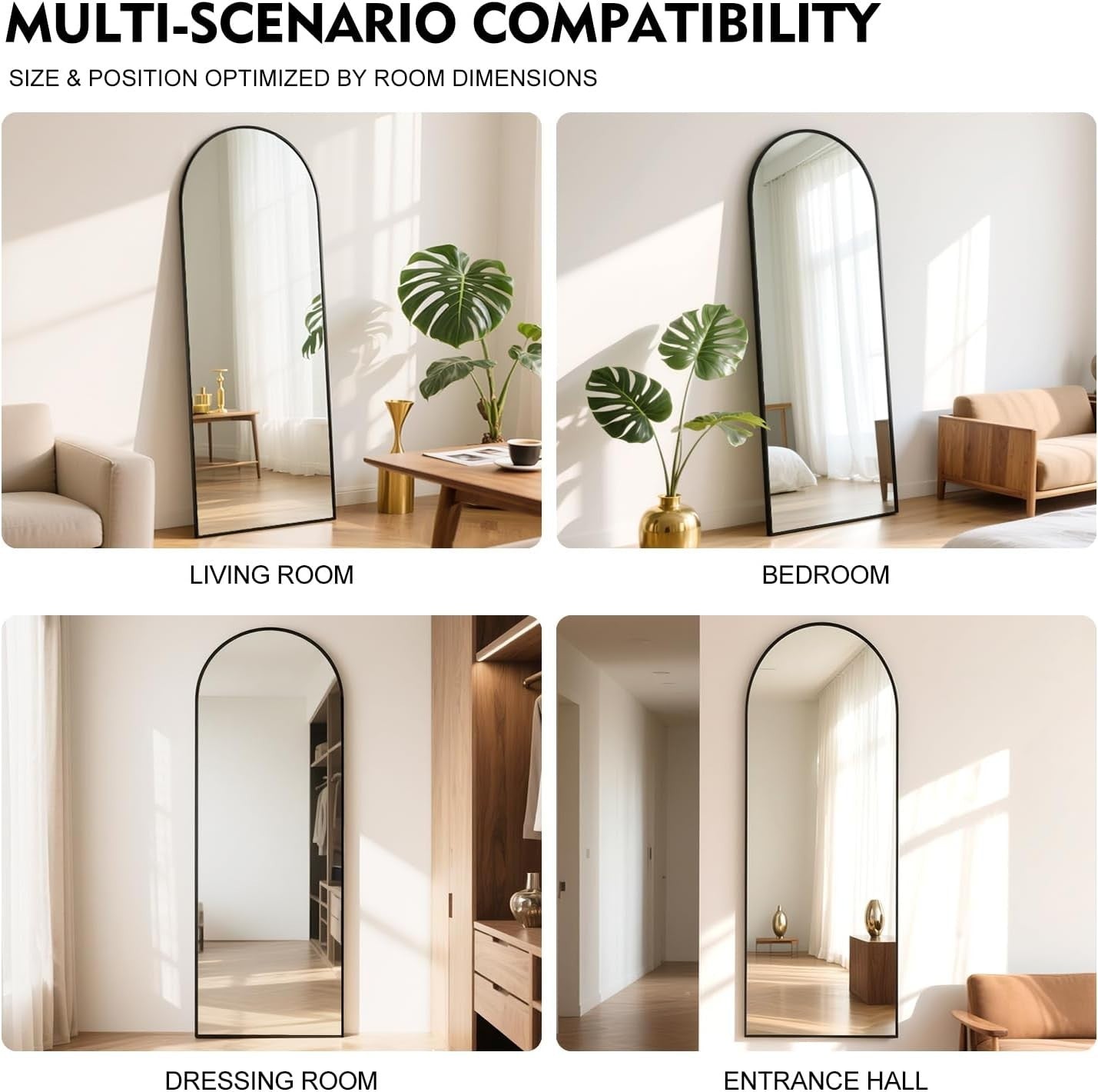 Full Length Arch Mirror 165x60cm Black Frame Tempered Glass Free Standing