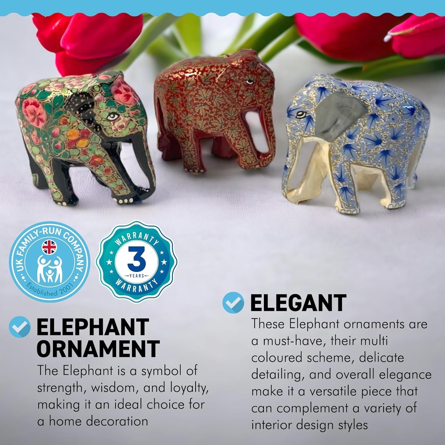 Set of 3 Paper Mache Elephant Ornaments | Colourful Wildlife Decor | Handmade