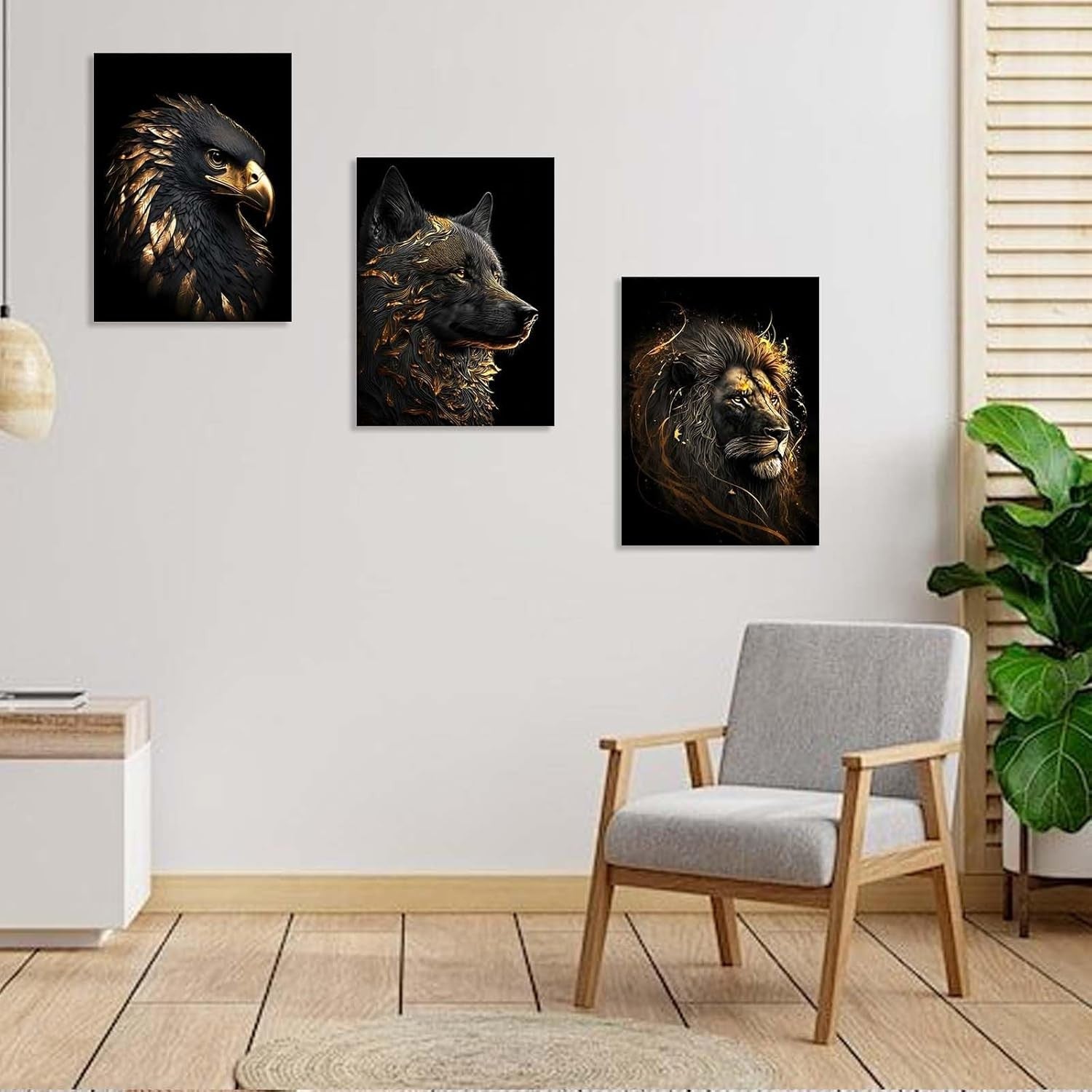 Set of 3 Black Gold Animal Canvas Wall Art 12x16 Framed Wolf Lion Eagle