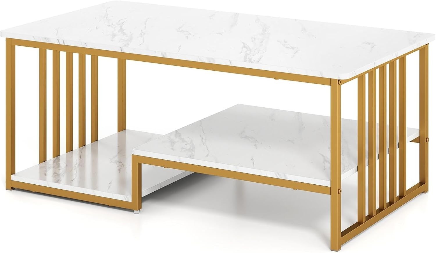 White Gold 3-Tier Coffee Table with Open Storage Shelves Faux Marble Modern