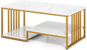 White Gold 3-Tier Coffee Table with Open Storage Shelves Faux Marble Modern