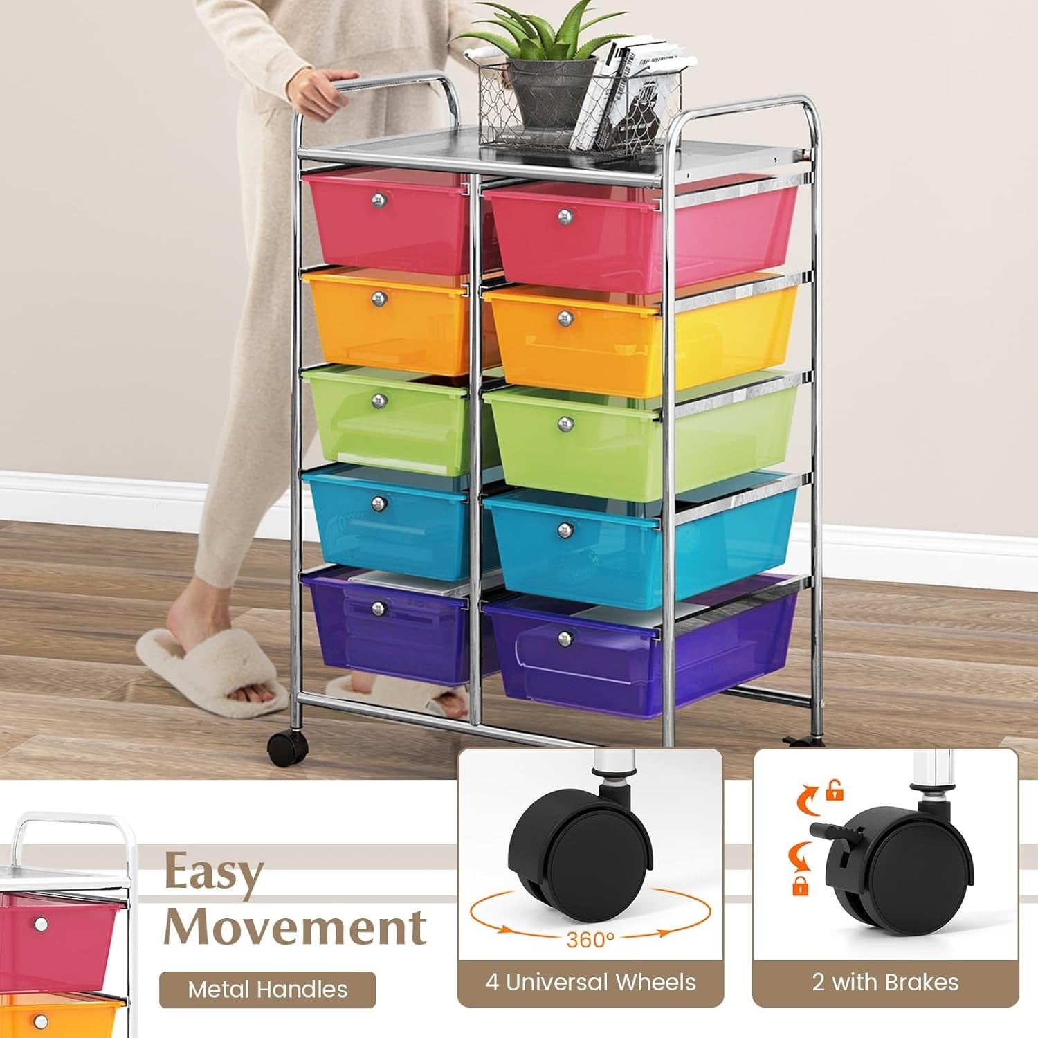 10 Drawer Rainbow Storage Trolley Rolling Organizer Cart with Wheels