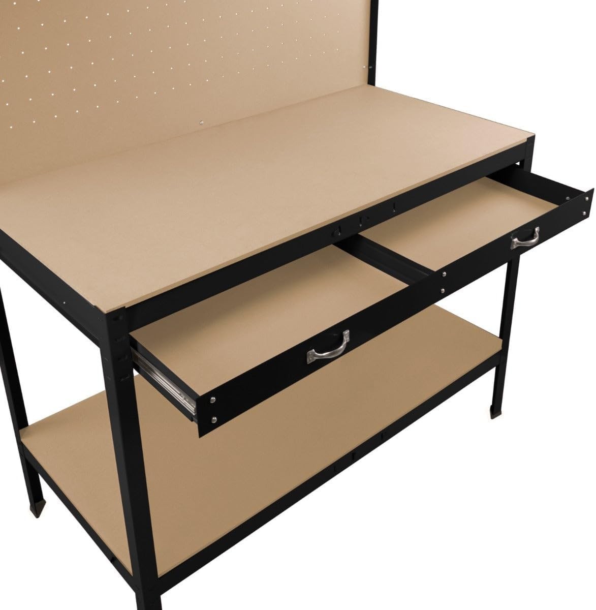 Black Garage Workbench Steel Pegboard Drawer LED Light 370kg Tool Station