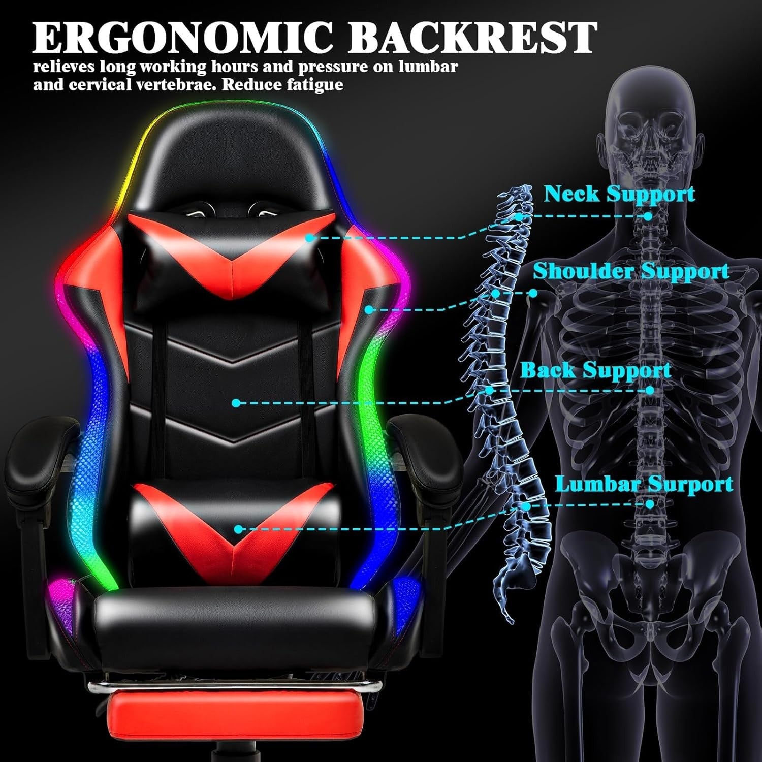 RGB LED Gaming Chair Reclining Racing Office Chair w/ Footrest