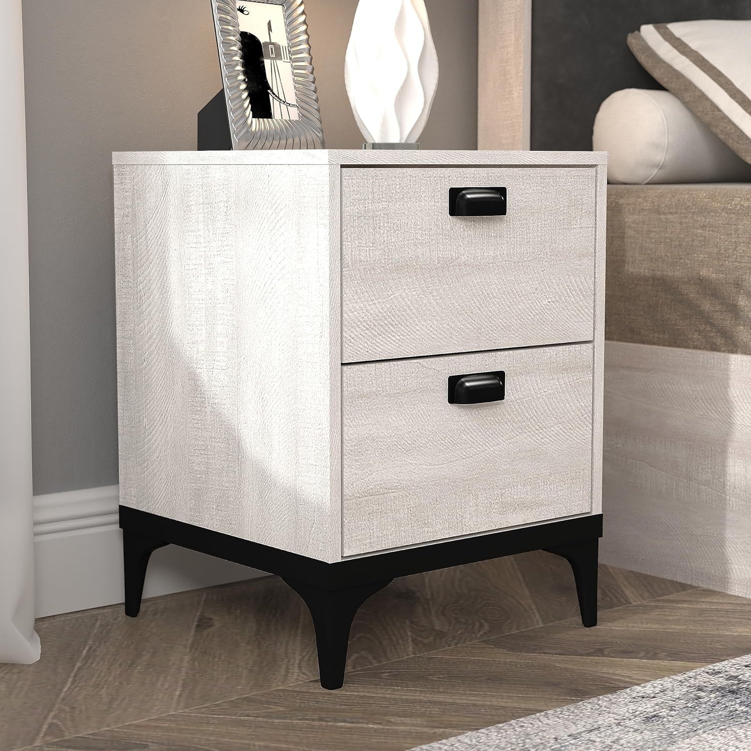 2 Drawer Bedside Table Dusty Grey Oak Storage Cabinet for Bedroom Hallway