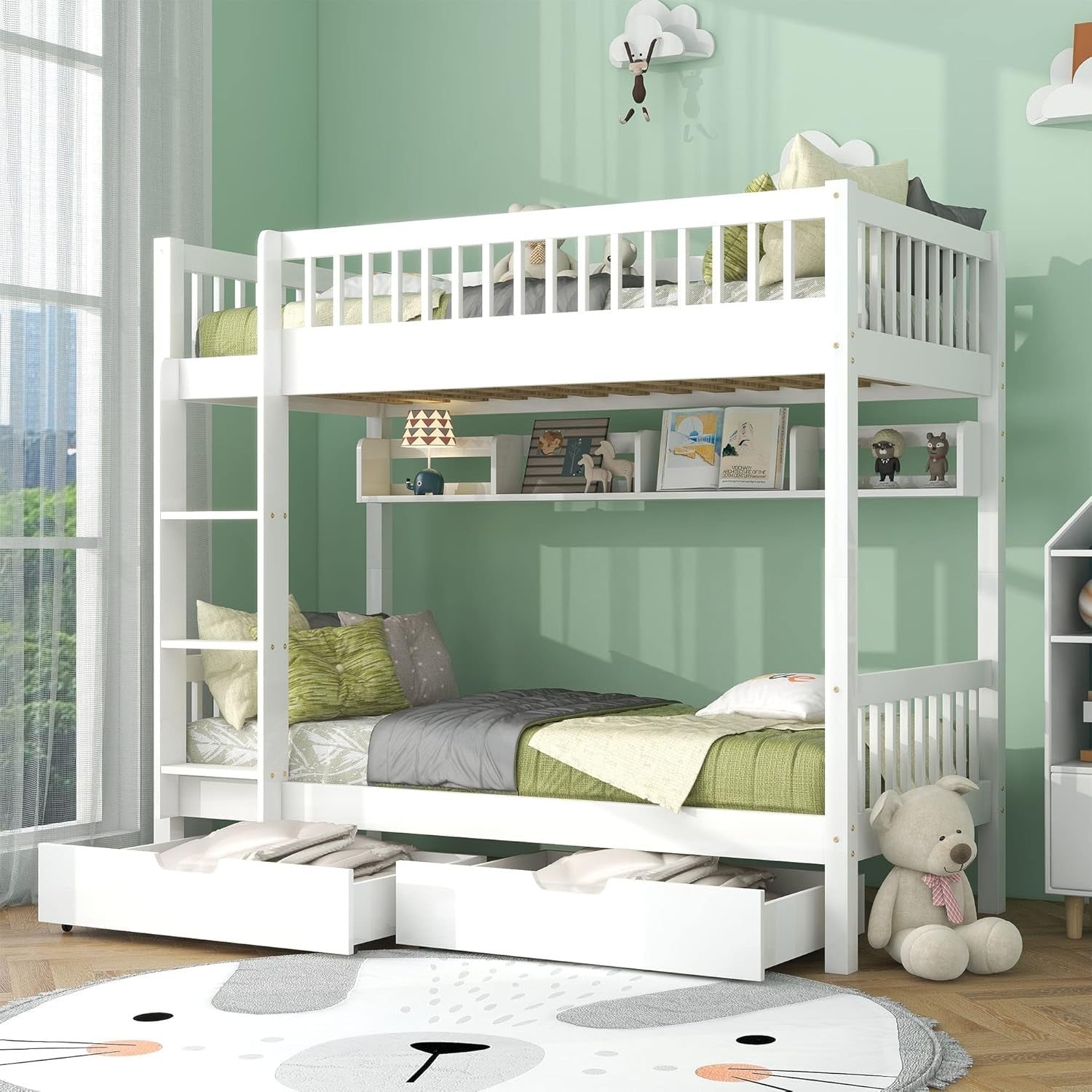 Twin Bunk Bed with Storage Drawers Kids Safe Solid Wood 90x190cm White