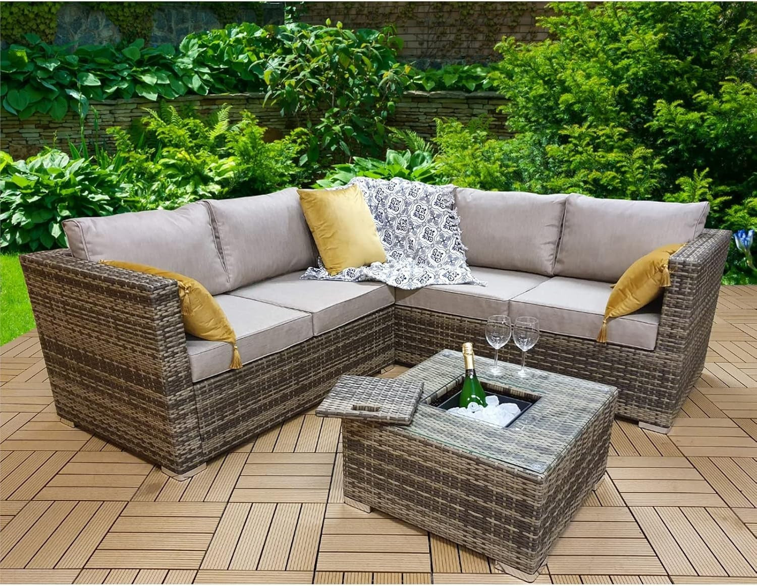 5-Seater Rattan Garden Sofa Set with Ice Bucket Coffee Table Outdoor Patio