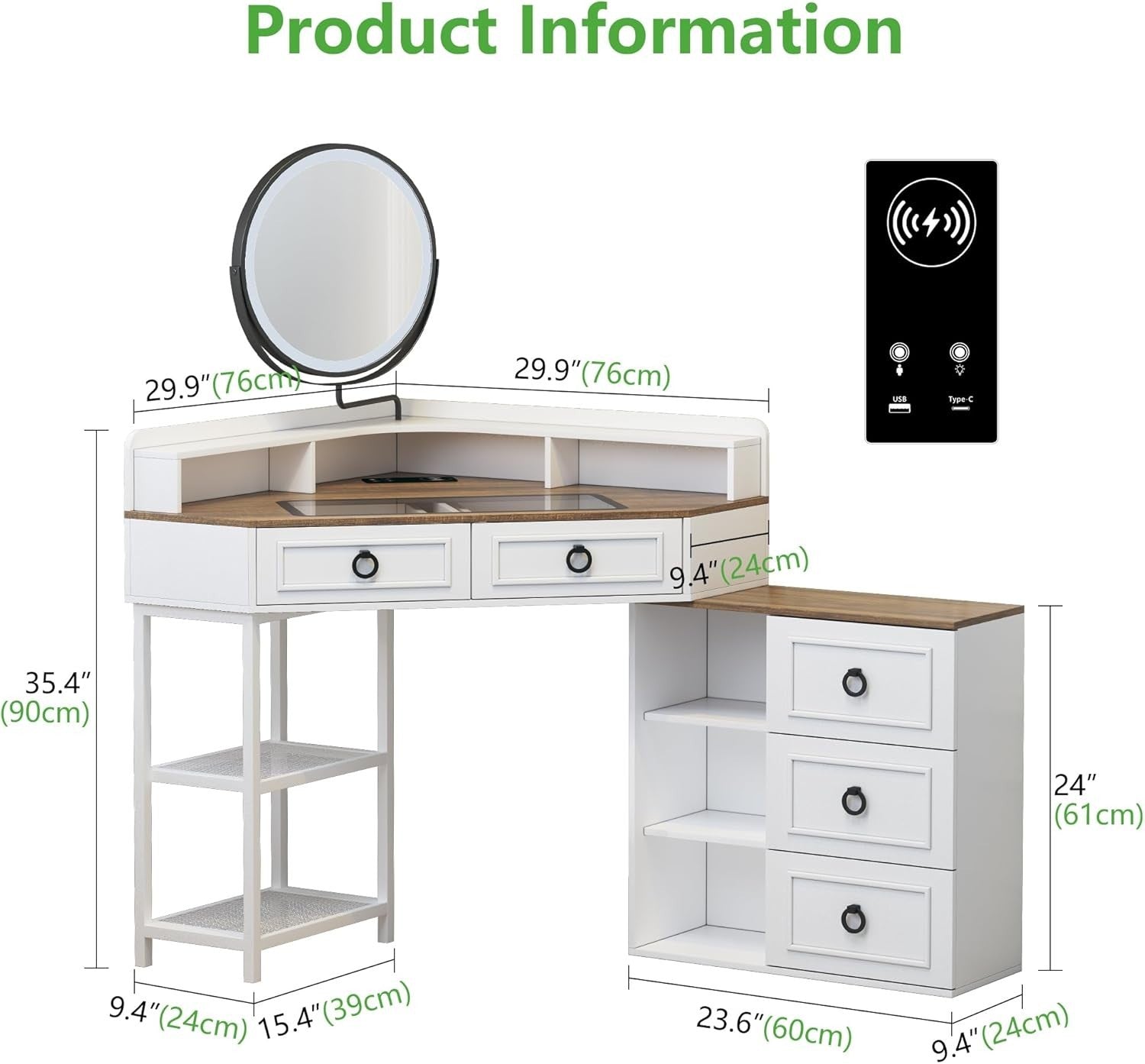 White Modern Dressing Table Makeup Vanity Desk w/ LED Mirror & Charging Station