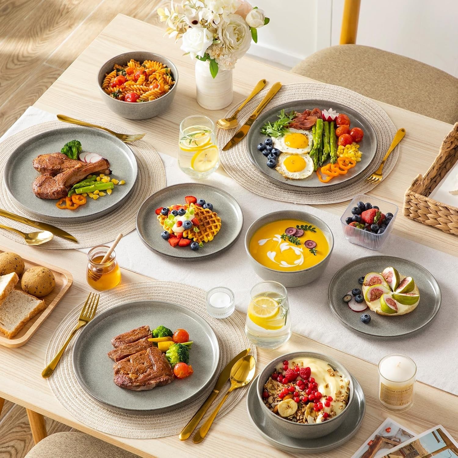 18pc Ceramic Dinner Set Brown Plates Bowls Microwave Dishwasher Safe
