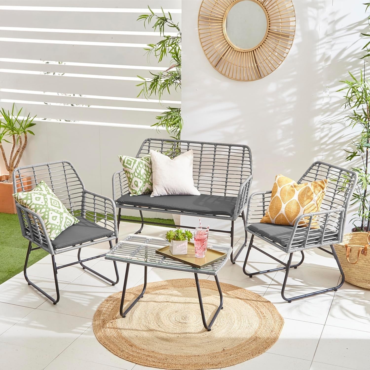 Rattan Garden Furniture Set Grey 4 Seater Patio Sofa Table Chairs