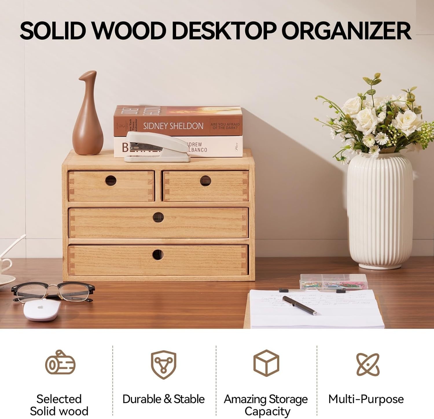 Natural Wood Desktop Organizer 4 Drawer 35cm Filing Makeup Storage