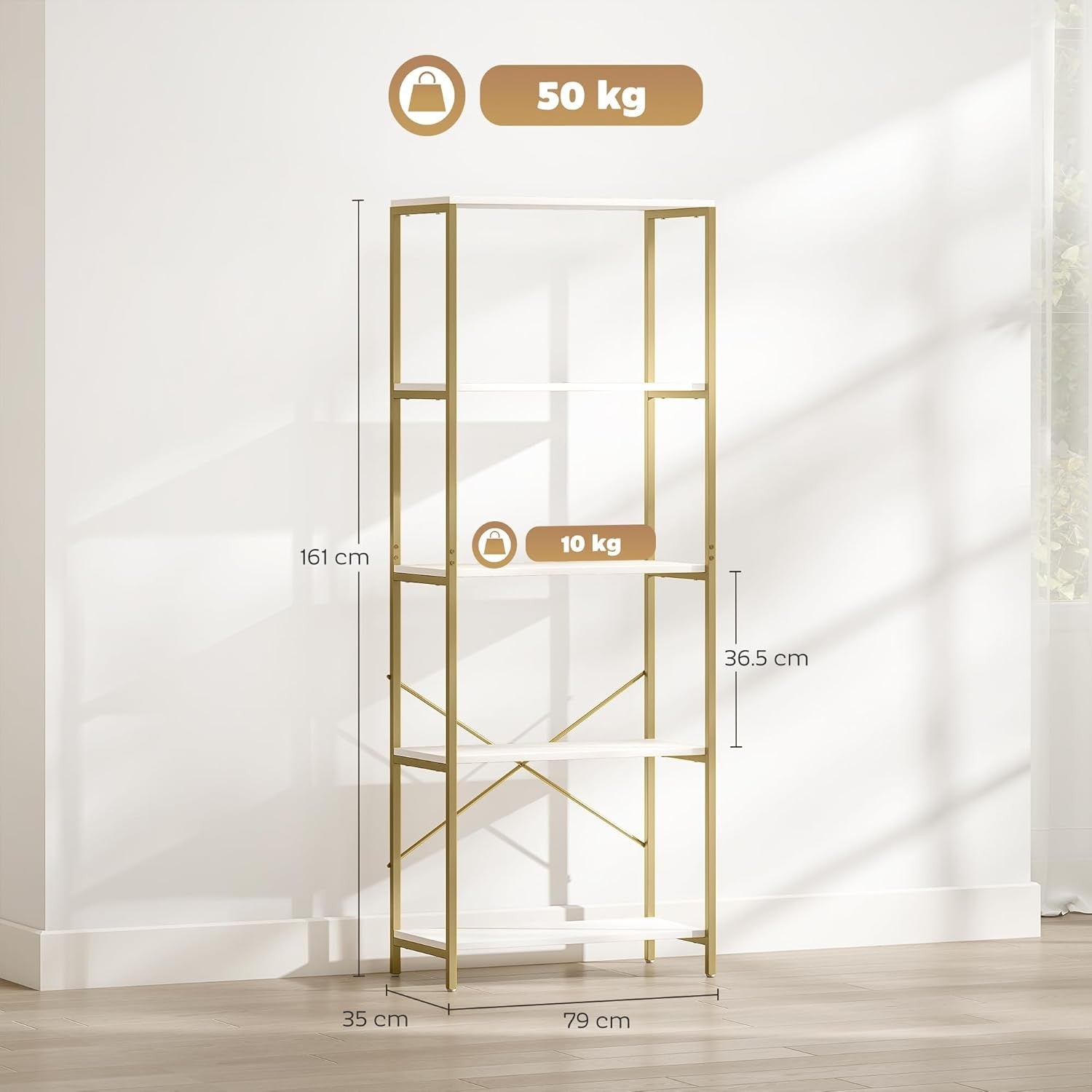 White & Gold 5-Tier Modern Bookcase Tall Metal Frame Open Display Shelf Unit