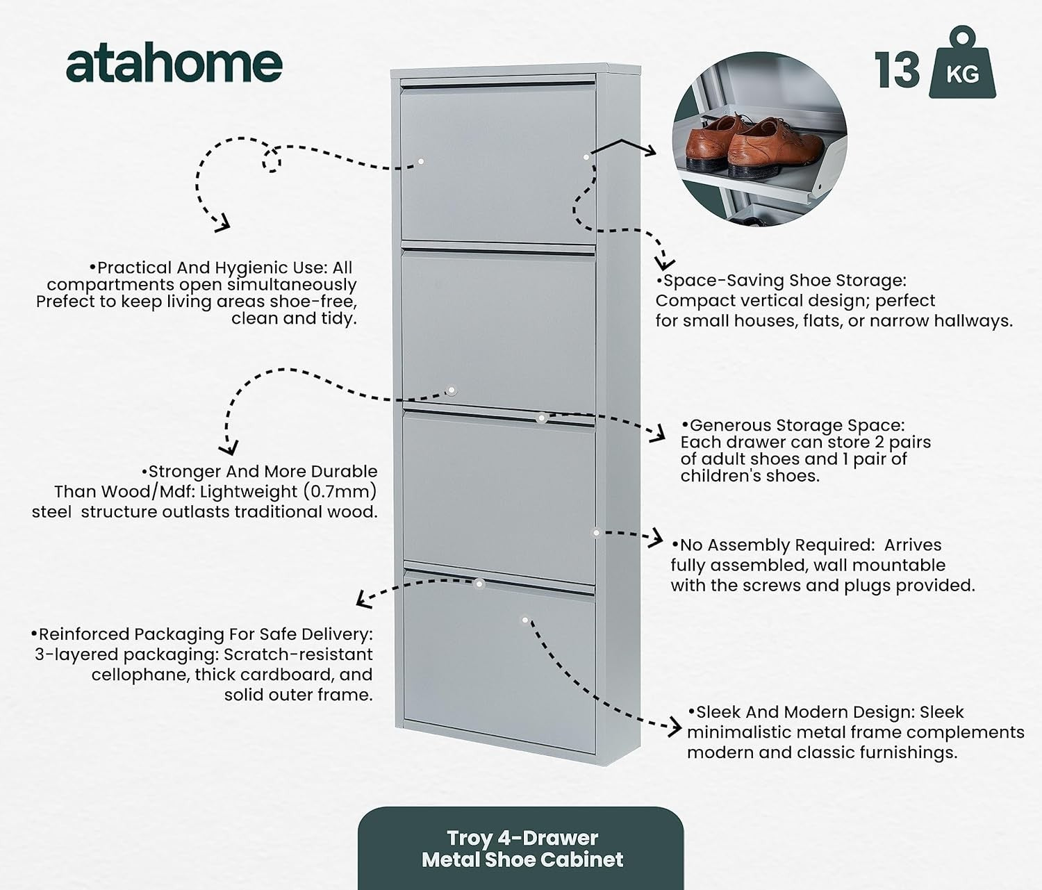 Slim Wall Mounted Shoe Cabinet 4-Tier Metal Storage Rack 138cm Grey