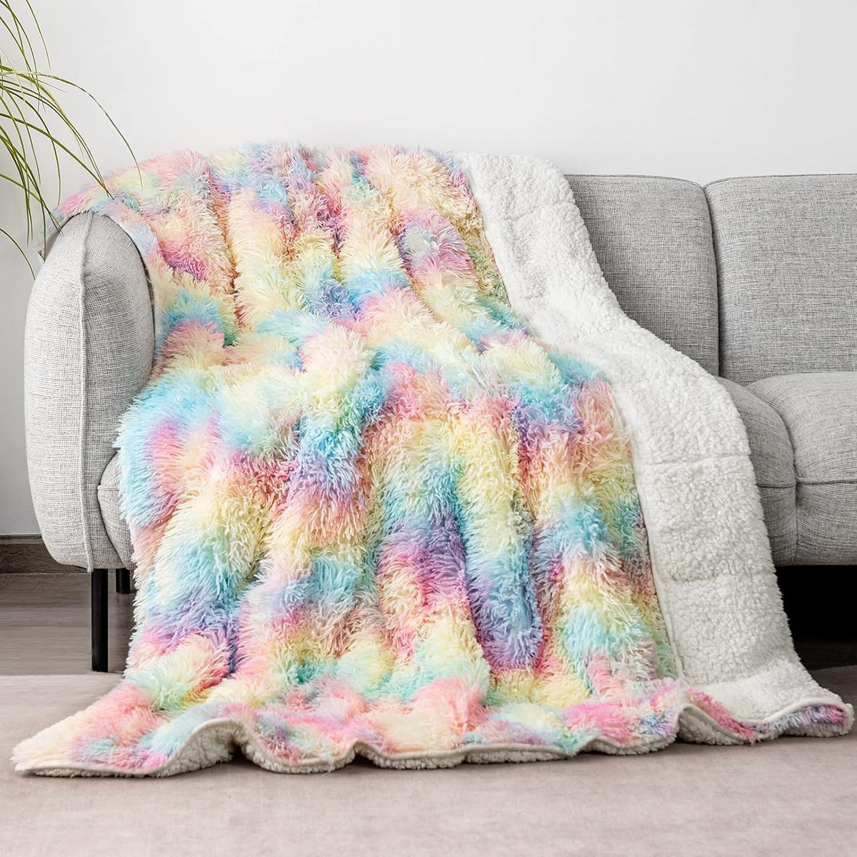 15lbs Weighted Blanket Rainbow 60x80" Faux Fur & Sherpa for Queen Bed