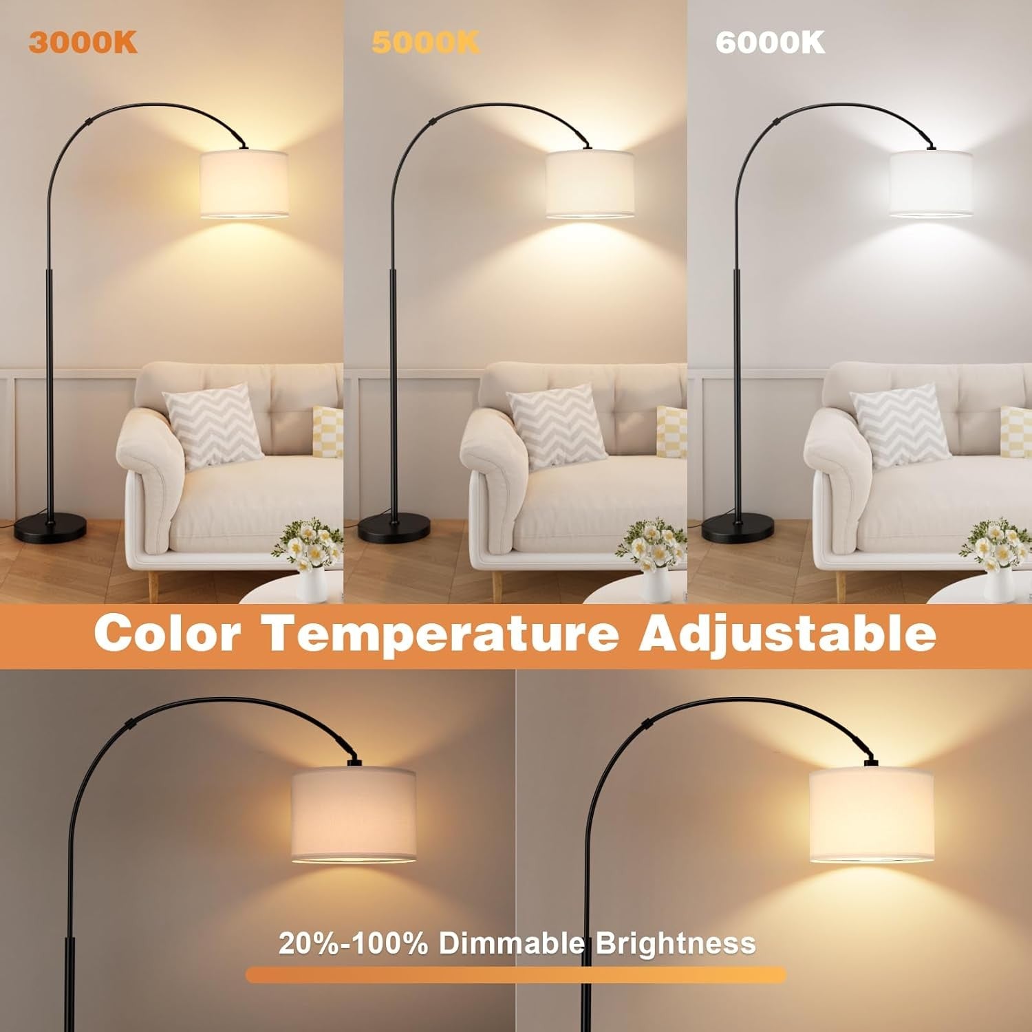 Arc Floor Lamp Remote Dimmable Corner Standing Light Modern Tall