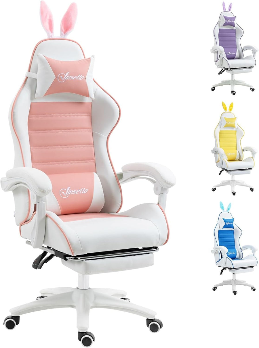 Pink Gaming Chair w/ Rabbit Ears Recliner Footrest Lumbar Support