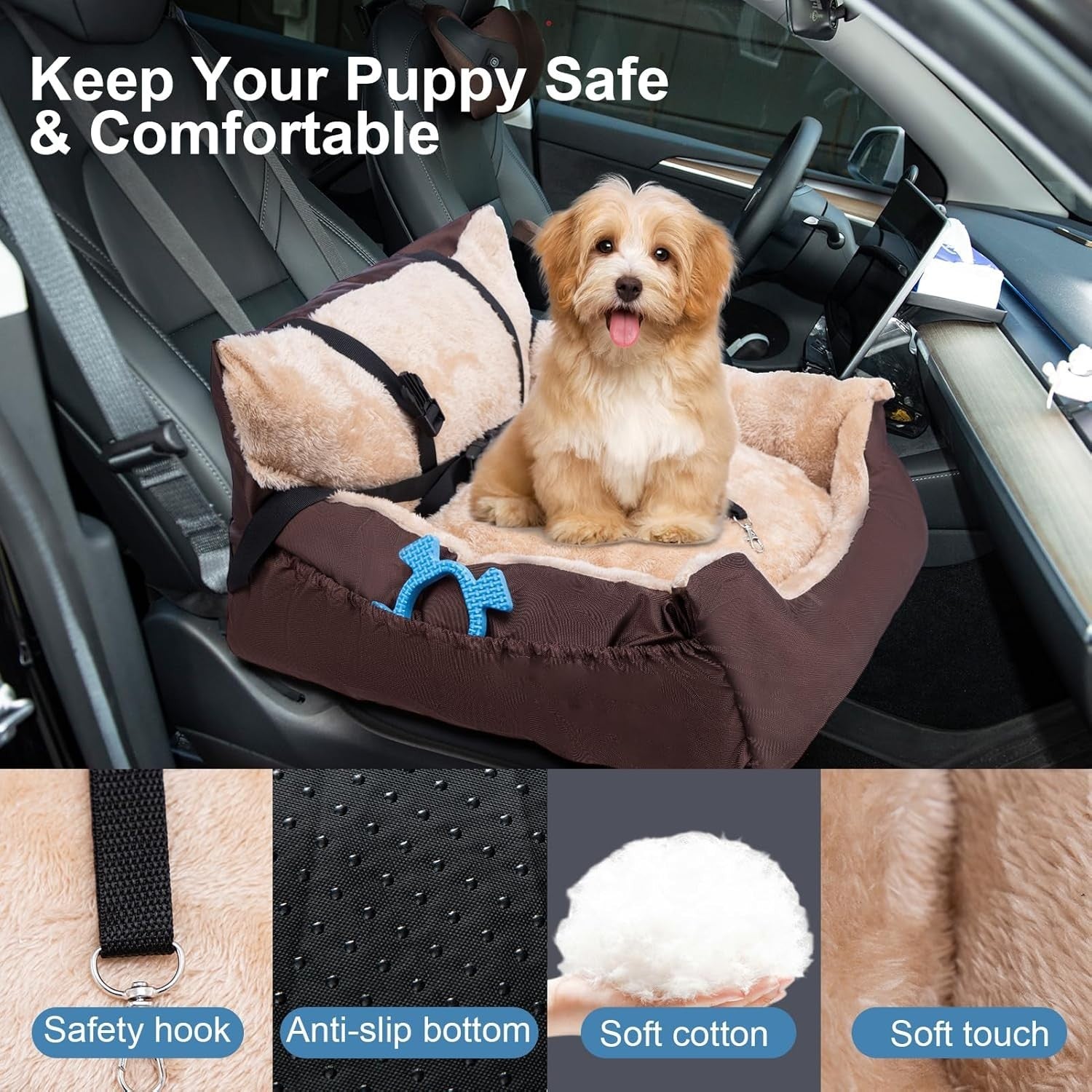 Small Dog Car Seat Pet Travel Bed Safety Leash Non Slip Base Brown
