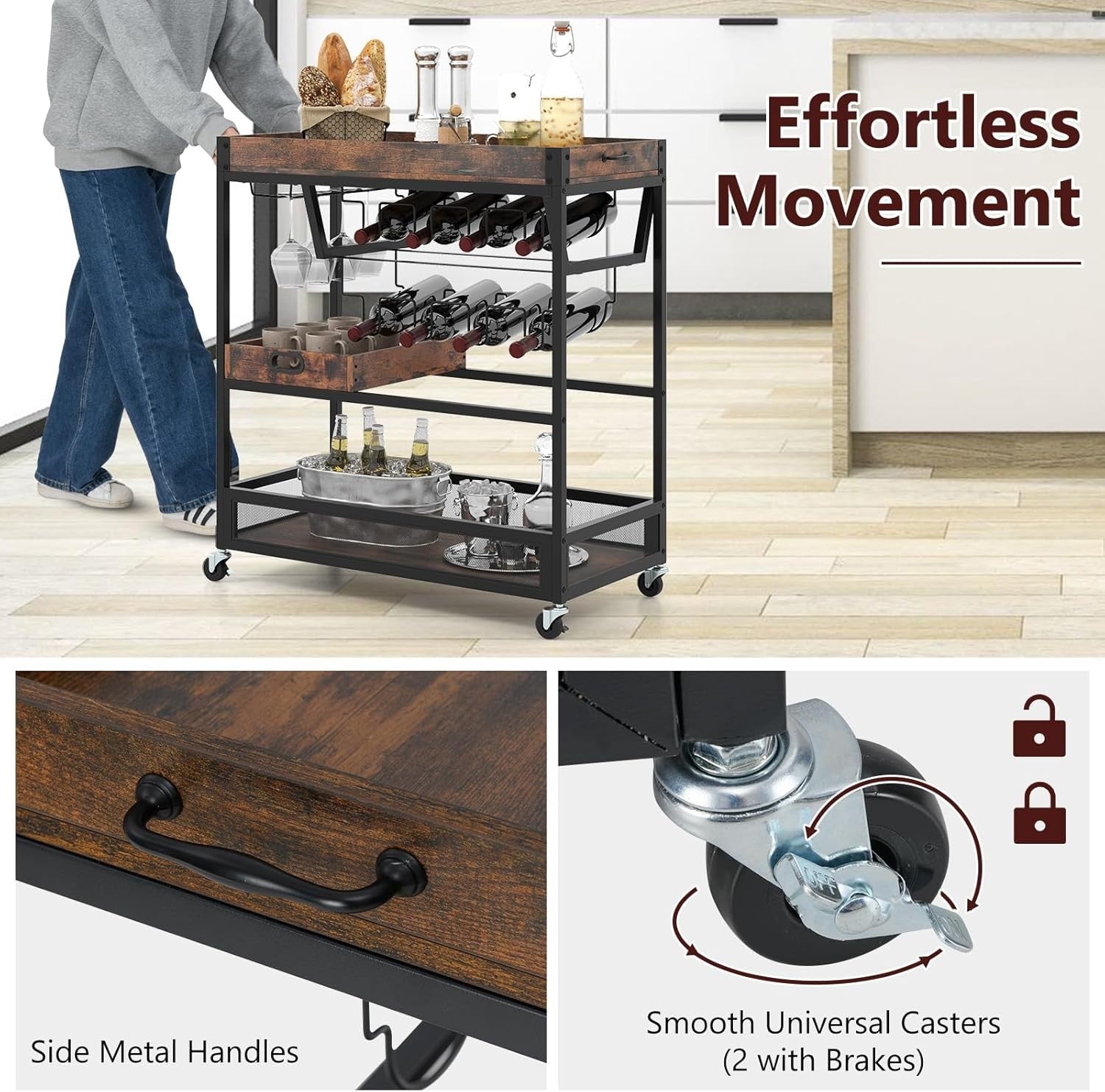 3 Tier Serving Trolley Bar Cart on Wheels with Wine Rack Glass Holder Tray