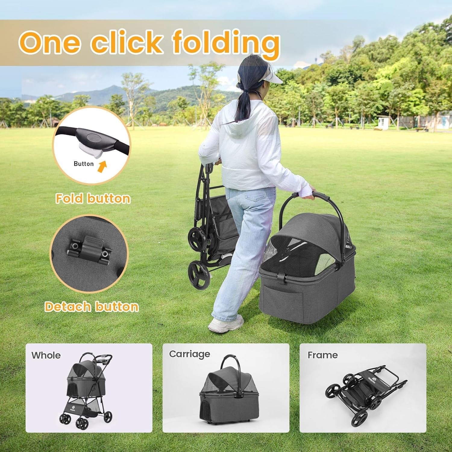 2 in 1 Pet Dog Stroller Removable Carrier 4 Wheel Folding Travel