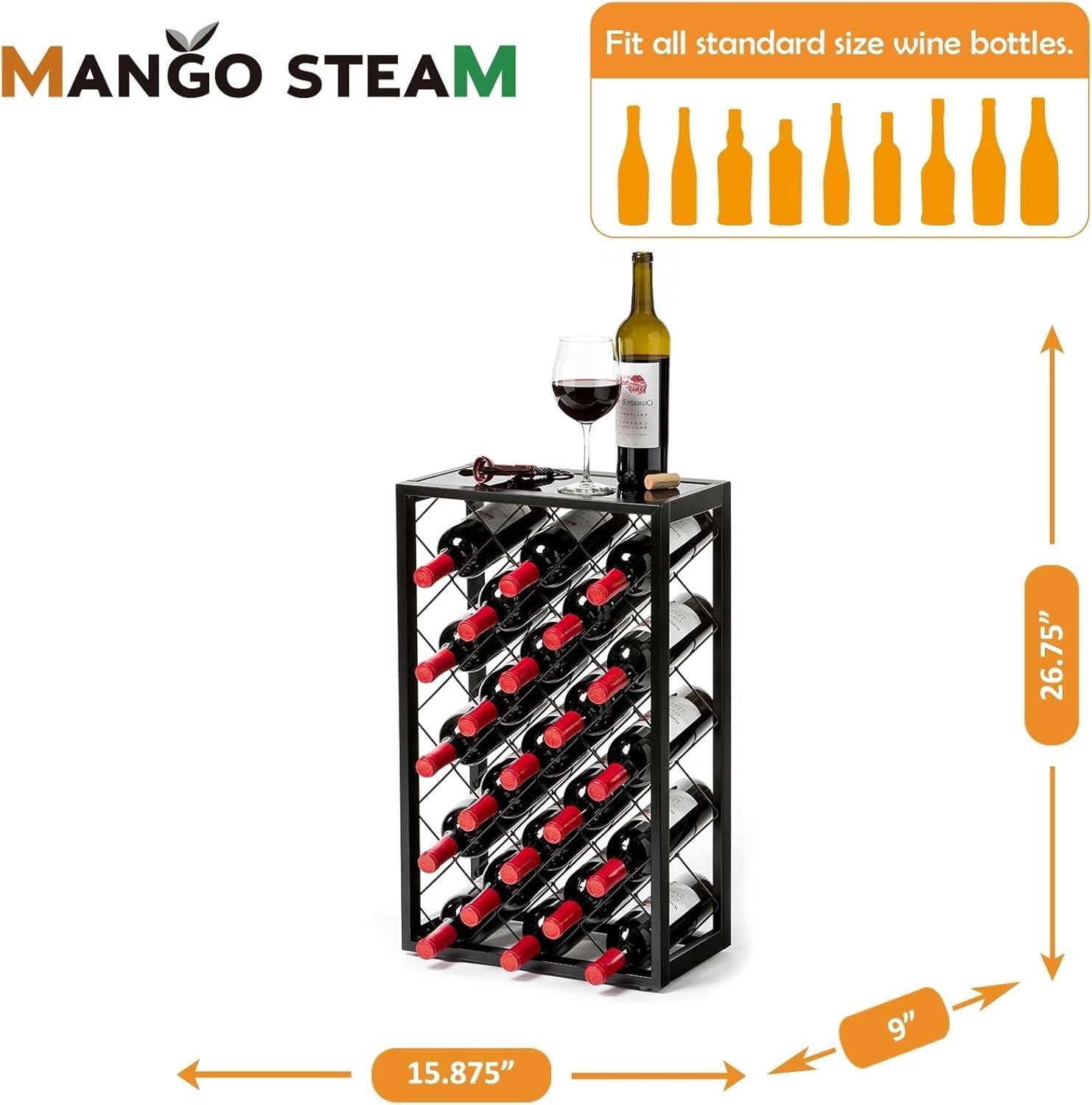 23 Bottle Metal Wine Rack with Glass Top Shelf Free Standing Black Kitchen Bar