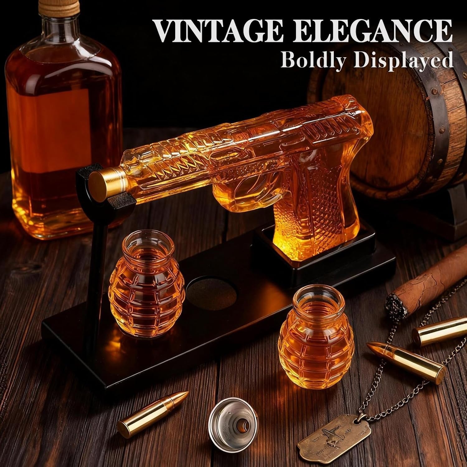 AK47 Whiskey Decanter Set with Stand & 2 Shot Glasses – 570ml Liquor Dispenser G