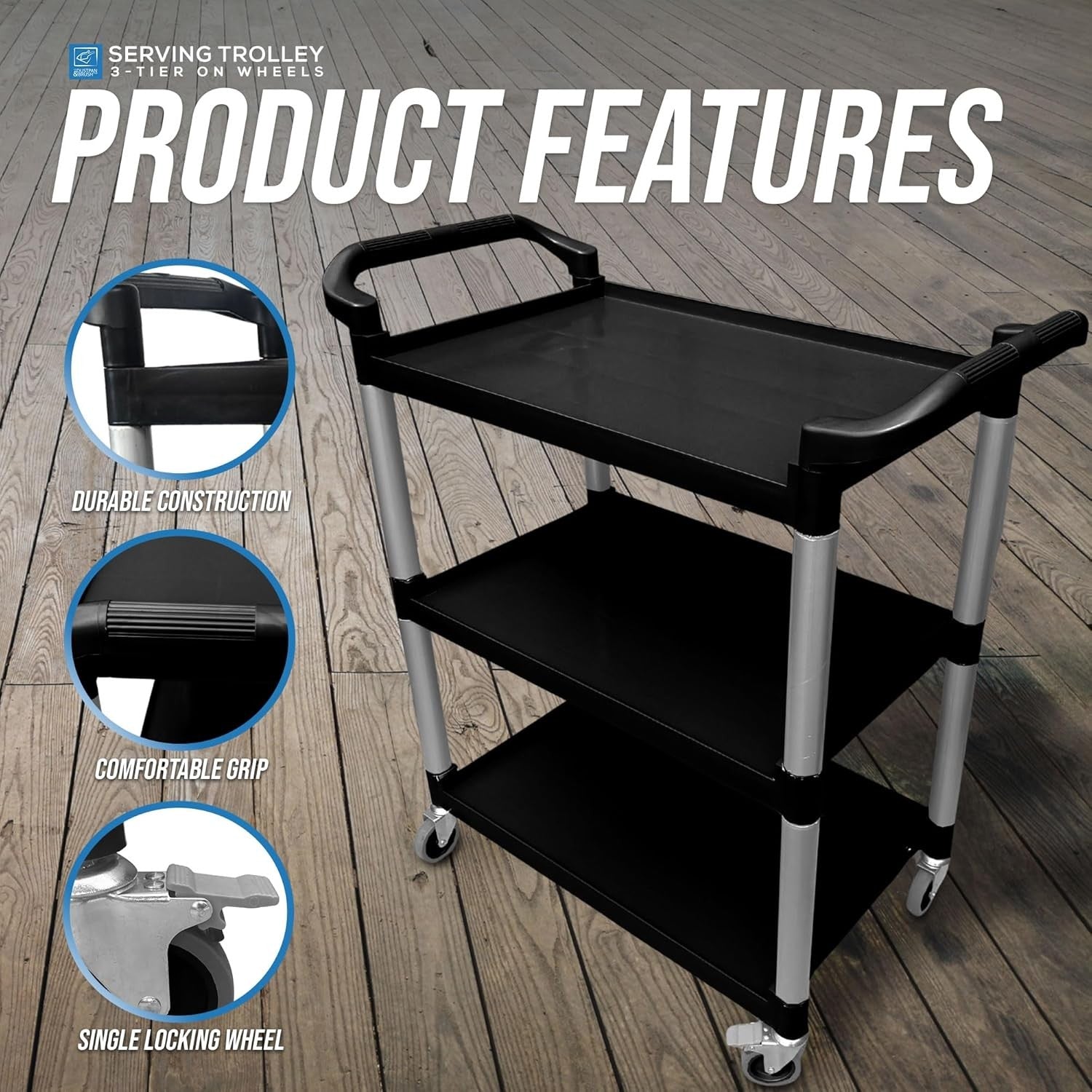 3 Tier Kitchen Trolley on Wheels Storage Service Cart Shelves Utility