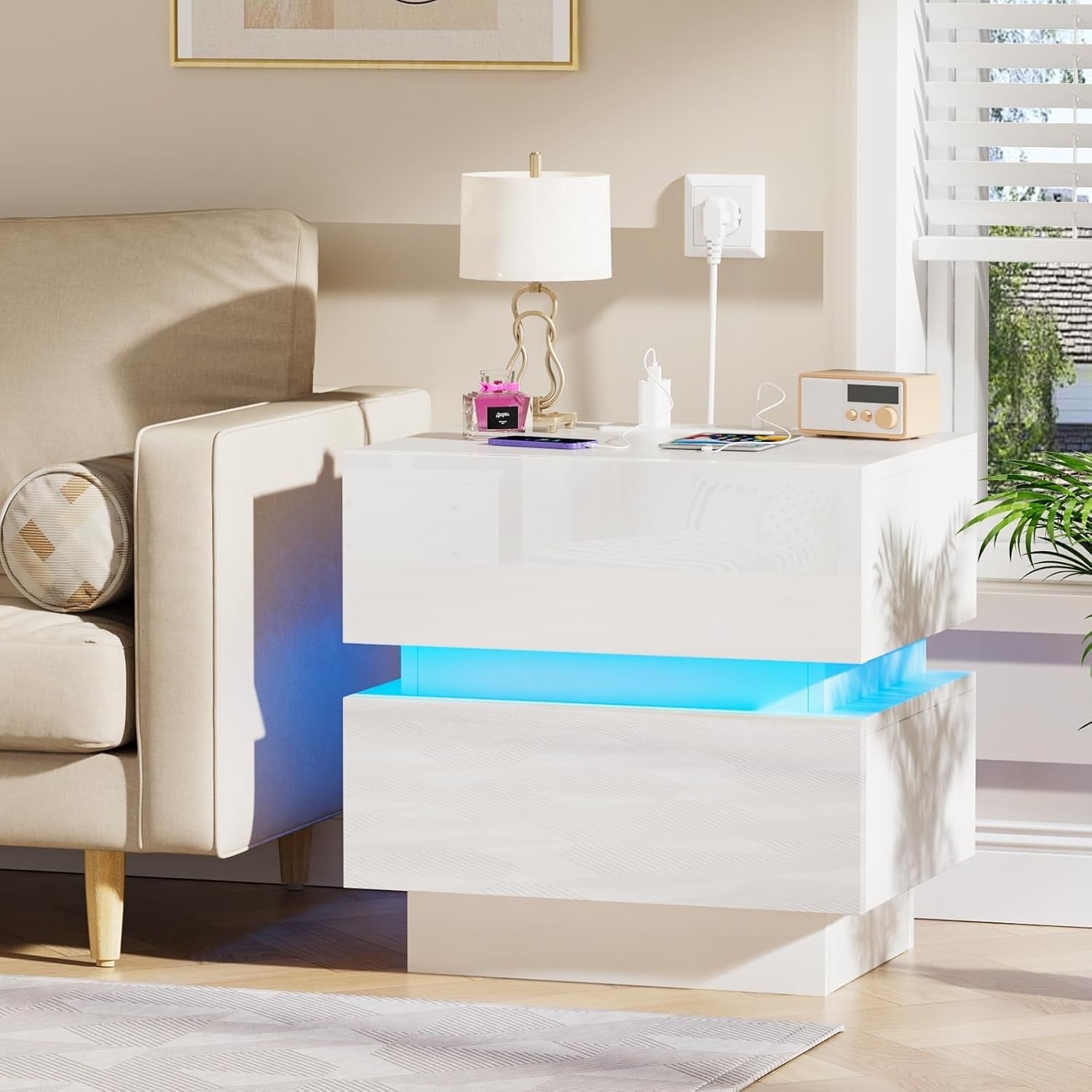 Modern LED Bedside Table with USB Charging, 2 Drawers, Gloss Finish