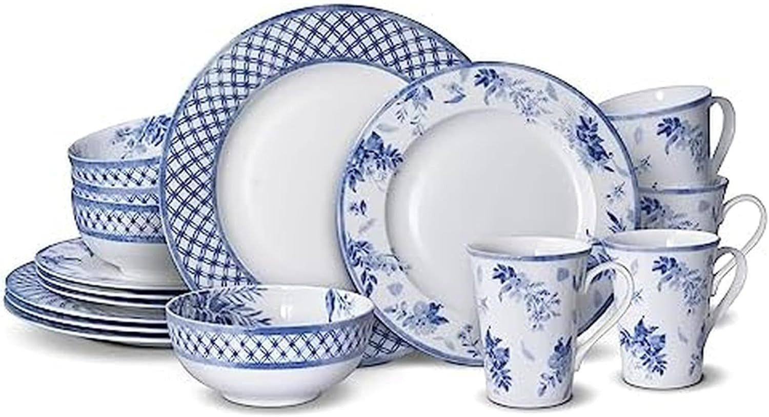16pc Bone China Dinnerware Set Blue White Plates Bowls Mugs Chip Resistant