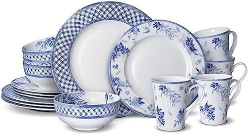 16pc Bone China Dinnerware Set Blue White Plates Bowls Mugs Chip Resistant