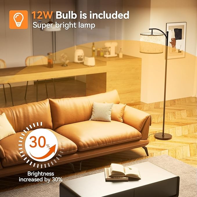 Arc Floor Lamp Dimmable Remote Control Modern Standing Light Beige Shade