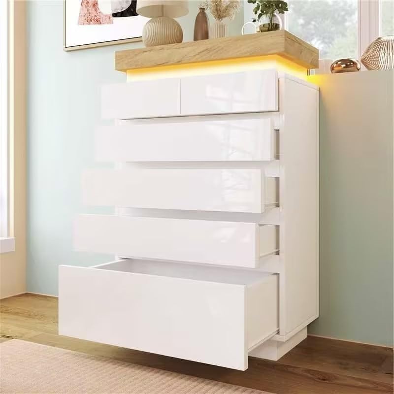 Modern 6 Drawer White LED Chest Storage Unit High Gloss Cabinet Bedroom