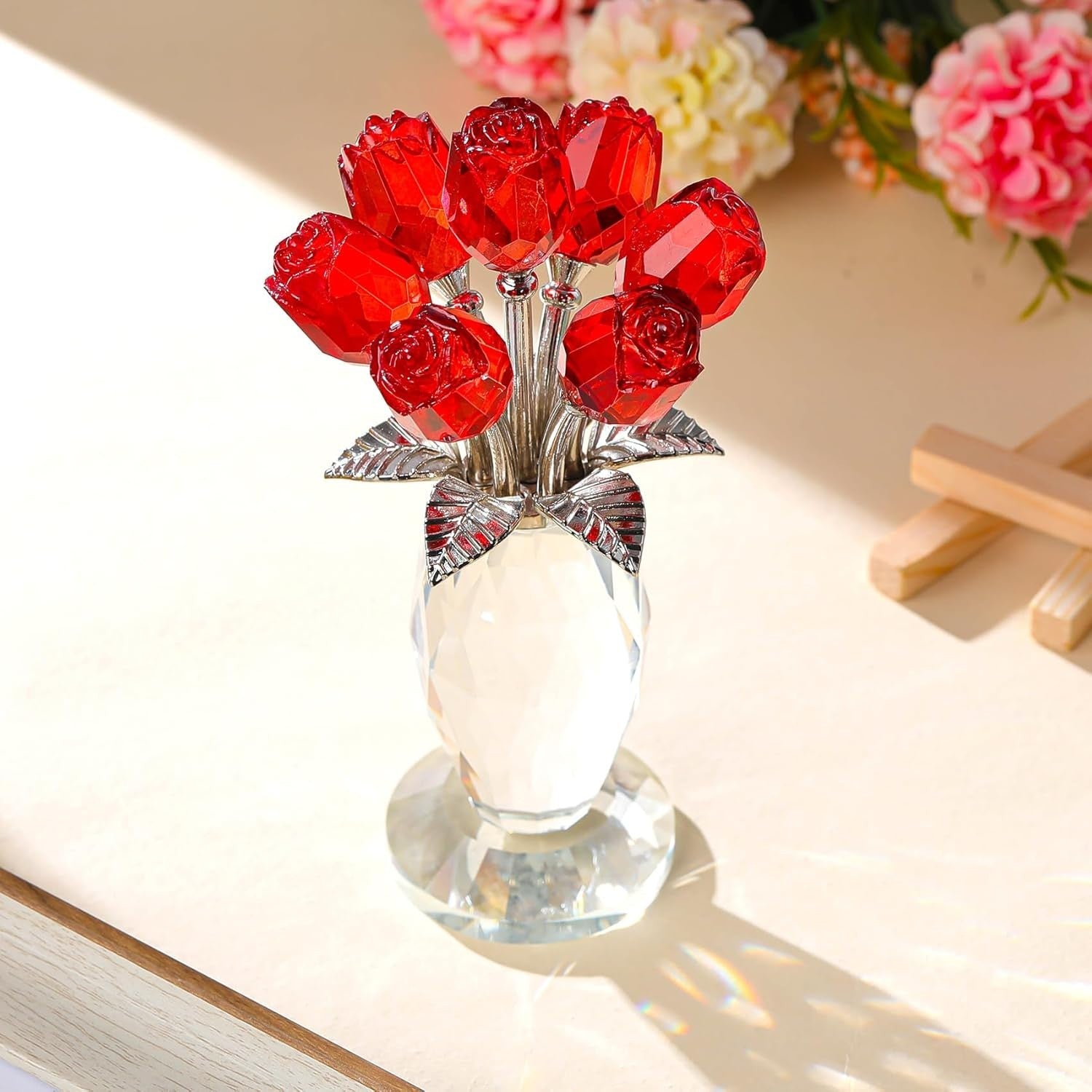 Red Crystal Rose Bouquet Ornament Glass Flower Figurine Gift for Women Decor