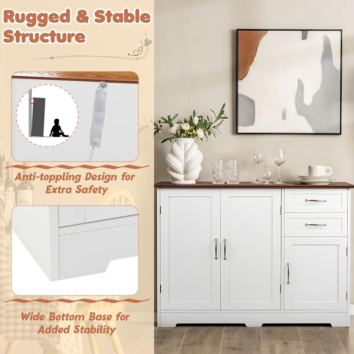 White Red Kitchen Sideboard Cabinet 2 Door 2 Drawer Adjustable Shelf