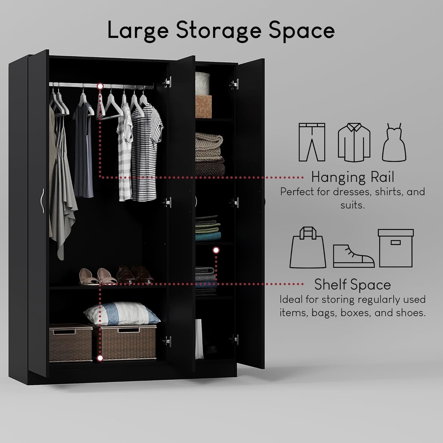 Black 3 Door Wardrobe with Shelf & Rail Modern Bedroom Storage