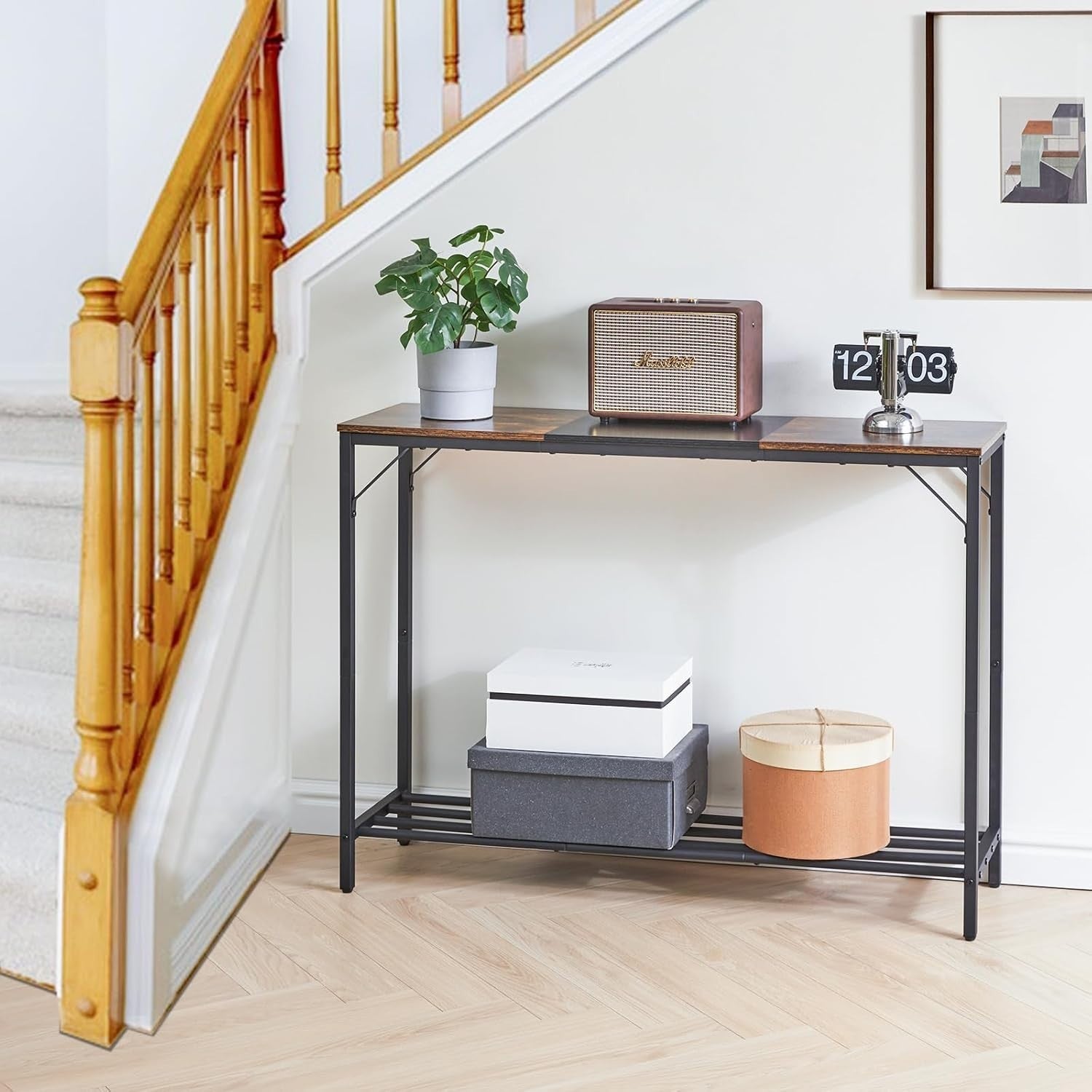 Industrial Narrow Console Table 107cm Sturdy Metal Frame Storage Shelf