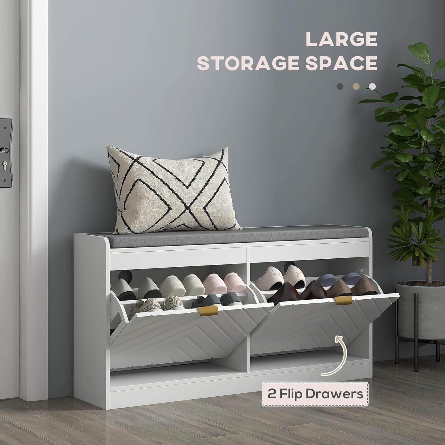 Slim Shoe Storage Bench with Padded Seat, 2 Flip Drawers, Holds 8 Pairs