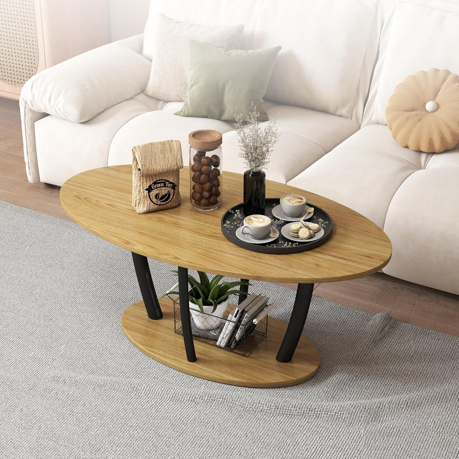 Modern Oak Oval Coffee Table with Storage Shelf – Small Space Mid-Century