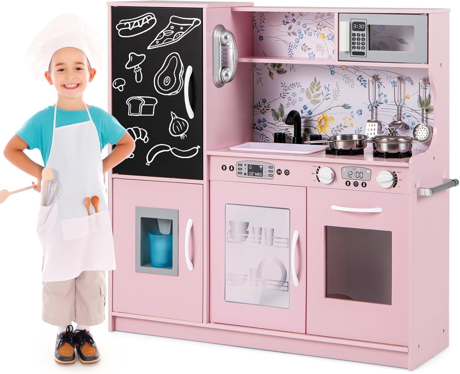 Kids Wooden Play Kitchen Blackboard Microwave Ice Maker Pink Toy