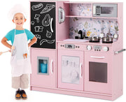 Kids Wooden Play Kitchen Blackboard Microwave Ice Maker Pink Toy